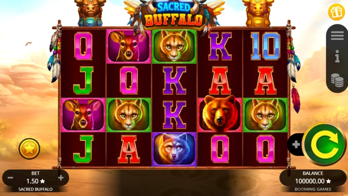 Isang visual na representasyon ng Sacred Buffalo slot na nagpapakita ng mga totem at wild animals sa gitna ng Western plains.