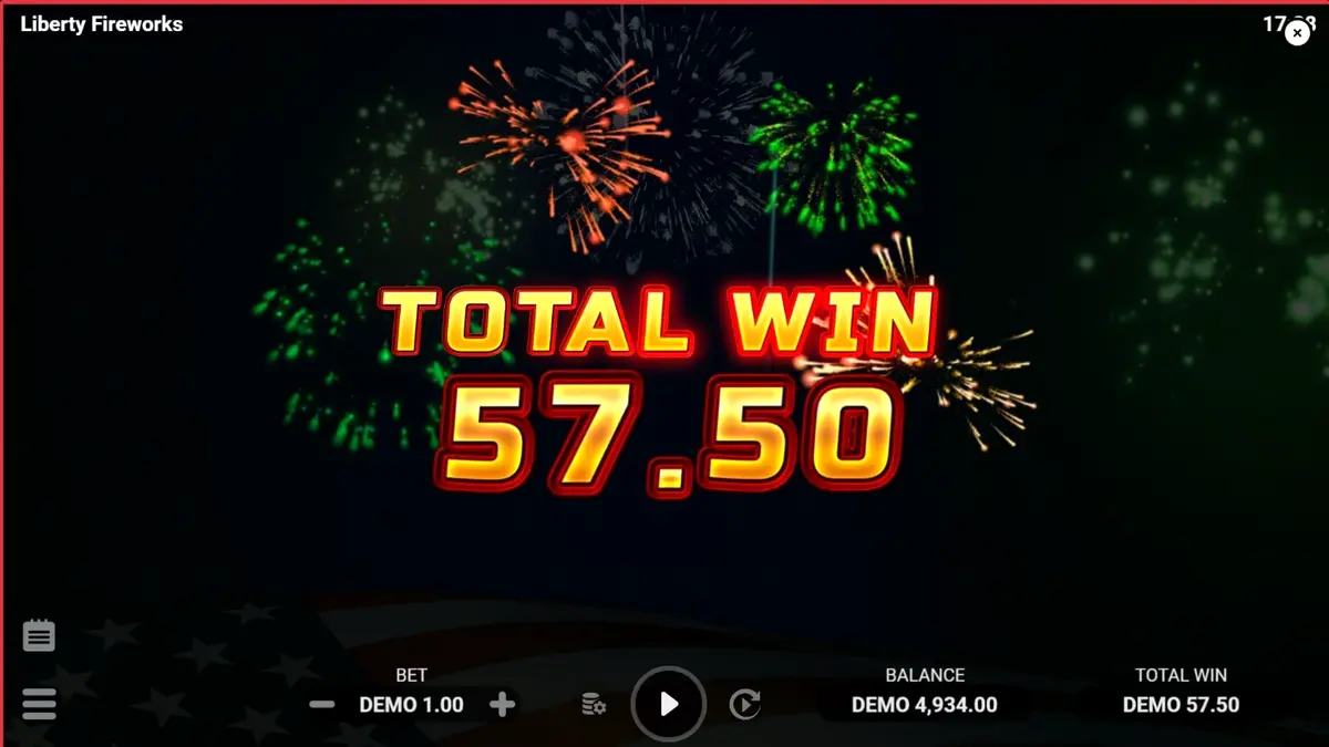 Liberty Fireworks 3 Pots slot machine interface na may makulay na fireworks at American theme.